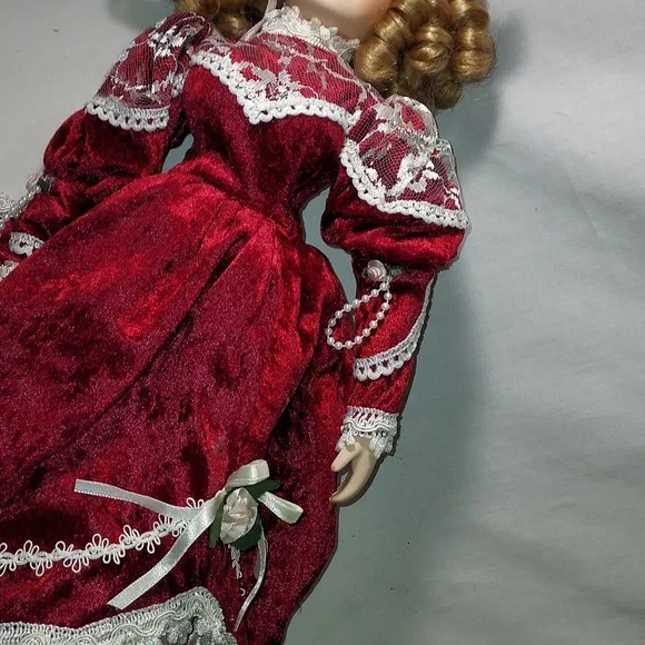 porcelain doll red velvet dress Vintage Christmas Ornament - Vintage Musical Porcelain Doll in